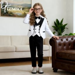 Popular Girls Suit Set Classic Black White Girls Tuxedo 2026 Romantic Childrens Formal Wear Jacket Vest Pants Bow Tie