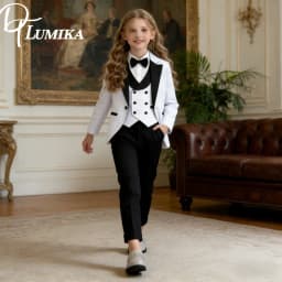 Popular Girls Suit Set Classic Black White Girls Tuxedo 2026 Romantic Childrens Formal Wear Jacket Vest Pants Bow Tie