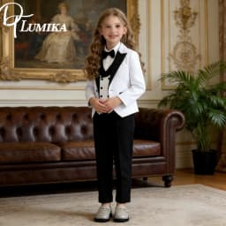 Popular Girls Suit Set Classic Black White Girls Tuxedo 2026 Romantic Childrens Formal Wear Jacket Vest Pants Bow Tie