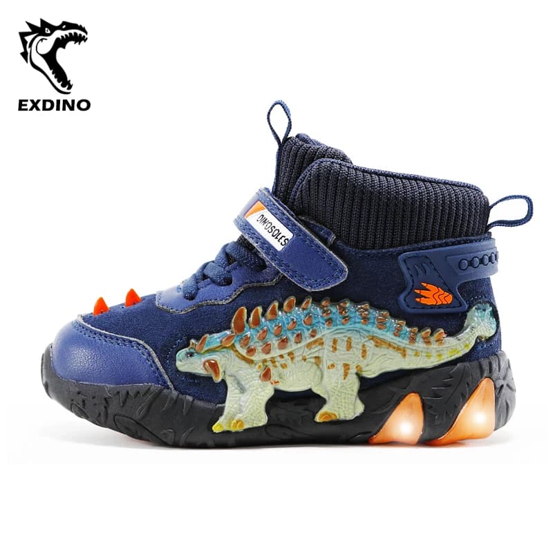 Children's Dinosaur Flash Shoes Autumn Winter for Boys New Genuine Leather Little Kids LED Light Up Casual Glowing Sneakers