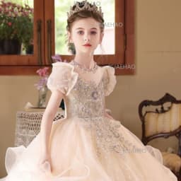 2026 Children Girls Champagne Long Gown Host Runway Birthday Princess Elegant Dress Kids Piano Performance Pageant Costume