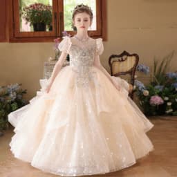2026 Children Girls Champagne Long Gown Host Runway Birthday Princess Elegant Dress Kids Piano Performance Pageant Costume