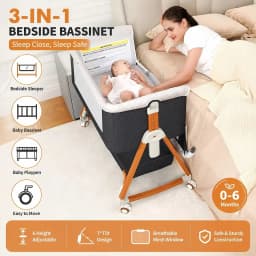 3-in-1 Baby Bassinet Bedside Sleeper Foldable Rocking Cradle with Wheels and Storage Portable Bedside Bassinet for Newborn Infant