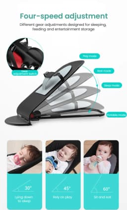 Infant Bouncer Balance Rocking Chair Soft Cotton Mesh Newborn Cradle Swing 4 Gear Adjustable Baby Recliner Chair Portable Folding Toddler Rocker Lounge with Safety Harness Protective Toy Bar No Plug-in Soothing Motion Chair 0-36M