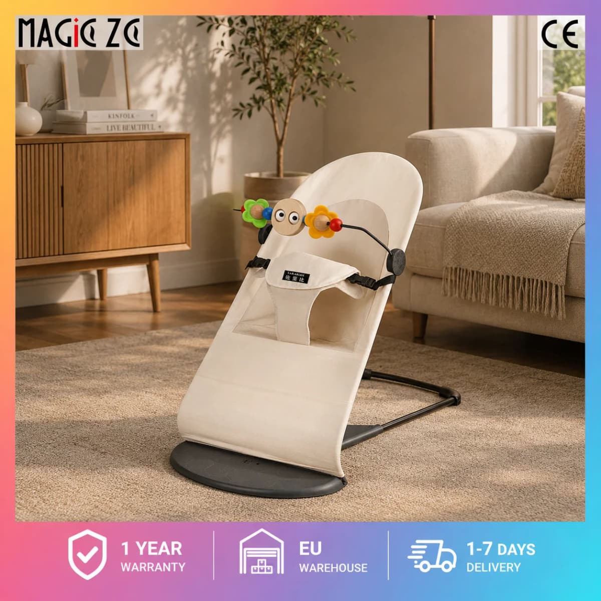 Infant Bouncer Balance Rocking Chair Soft Cotton Mesh Newborn Cradle Swing 4 Gear Adjustable Baby Recliner Chair Portable Folding Toddler Rocker Lounge with Safety Harness Protective Toy Bar No Plug-in Soothing Motion Chair 0-36M