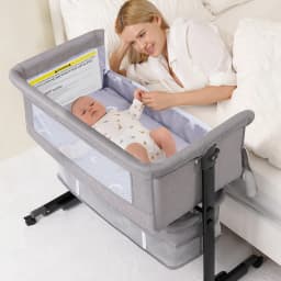 Baby Bedside Bassinet, Height‑Adjustable Co‑Sleeper Bedside Crib with Mosquito Canopy, Sturdy I‑Shape Frame Portable Baby Bassinet with Storage Pocket & Lockable Wheels for Newborn Infant, 3‑Color Available Pink / Light Gray / Dark Gray