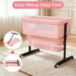 Baby Bedside Bassinet, Height‑Adjustable Co‑Sleeper Bedside Crib with Mosquito Canopy, Sturdy I‑Shape Frame Portable Baby Bassinet with Storage Pocket & Lockable Wheels for Newborn Infant, 3‑Color Available Pink / Light Gray / Dark Gray