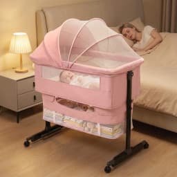 Baby Bedside Bassinet, Height‑Adjustable Co‑Sleeper Bedside Crib with Mosquito Canopy, Sturdy I‑Shape Frame Portable Baby Bassinet with Storage Pocket & Lockable Wheels for Newborn Infant, 3‑Color Available Pink / Light Gray / Dark Gray