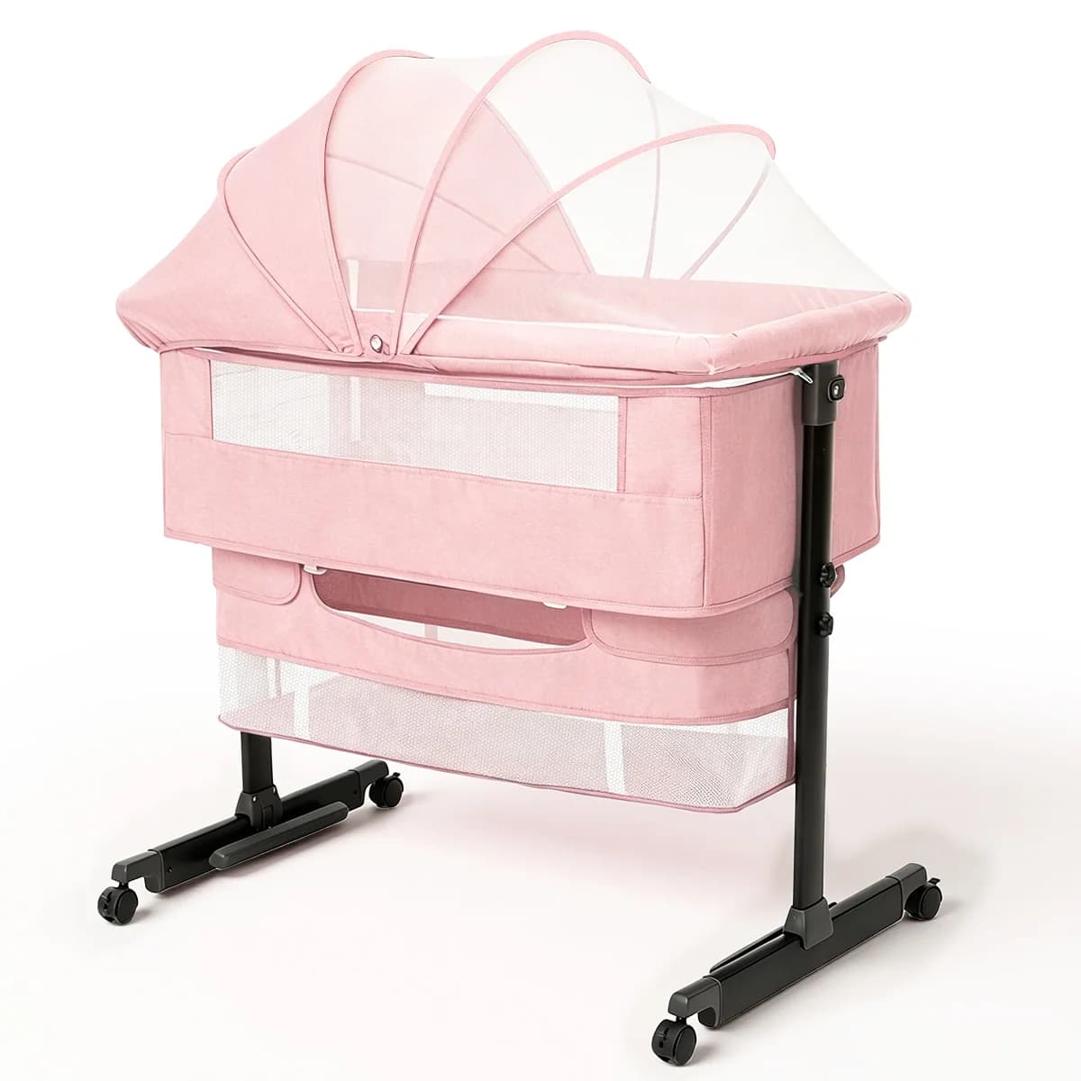 Baby Bedside Bassinet, Height‑Adjustable Co‑Sleeper Bedside Crib with Mosquito Canopy, Sturdy I‑Shape Frame Portable Baby Bassinet with Storage Pocket & Lockable Wheels for Newborn Infant, 3‑Color Available Pink / Light Gray / Dark Gray