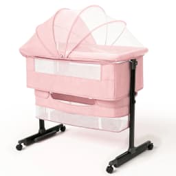 Baby Bedside Bassinet, Height‑Adjustable Co‑Sleeper Bedside Crib with Mosquito Canopy, Sturdy I‑Shape Frame Portable Baby Bassinet with Storage Pocket & Lockable Wheels for Newborn Infant, 3‑Color Available Pink / Light Gray / Dark Gray