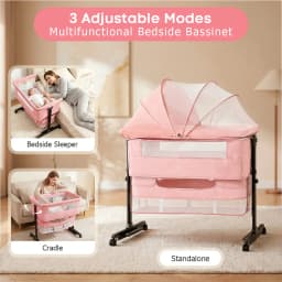 Baby Bedside Bassinet, Height‑Adjustable Co‑Sleeper Bedside Crib with Mosquito Canopy, Sturdy I‑Shape Frame Portable Baby Bassinet with Storage Pocket & Lockable Wheels for Newborn Infant, 3‑Color Available Pink / Light Gray / Dark Gray