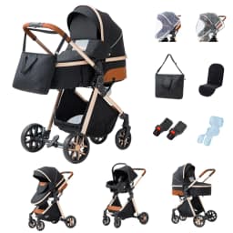 Multifunctional 3 IN 1 Baby Combo Stroller Set Include Carrycot Sport Seat Infant Car Seat Solid Rubber Wheels Free Maternity Changing Bag Rain Cover All In One Travel Pram For Kids