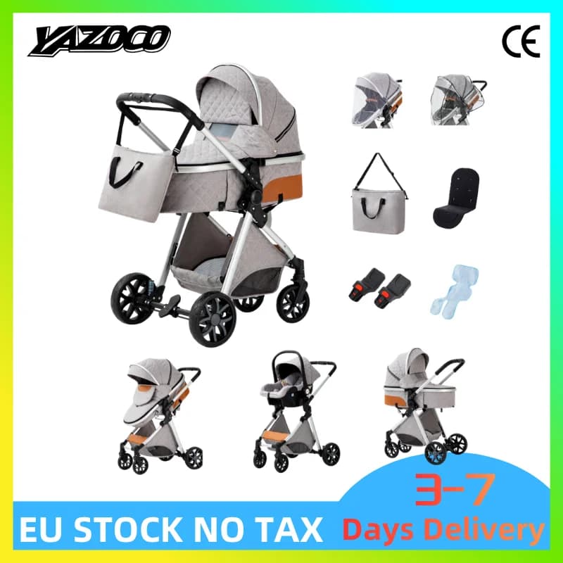 Multifunctional 3 IN 1 Baby Combo Stroller Set Include Carrycot Sport Seat Infant Car Seat Solid Rubber Wheels Free Maternity Changing Bag Rain Cover All In One Travel Pram For Kids