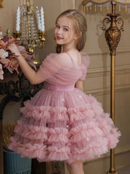 Tiered Ruffled Girls Sequined Dresses For Stage Peformance New Gorgeous Of Shoulder Kids Princess Gown Wedding Guest Clothes