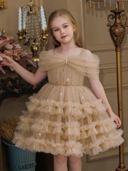 Tiered Ruffled Girls Sequined Dresses For Stage Peformance New Gorgeous Of Shoulder Kids Princess Gown Wedding Guest Clothes