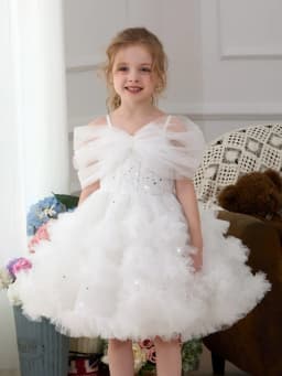 Tiered Ruffled Girls Sequined Dresses For Stage Peformance New Gorgeous Of Shoulder Kids Princess Gown Wedding Guest Clothes