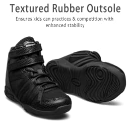 BAXINIER Black High Top Cheer Shoes for Youth Girls Boys Cheerleading Sneakers Ankle Support Breathable Mesh Hook Loop Closure Soft Insole Anti-Slip Rubber Outsole Athletic Training Dance