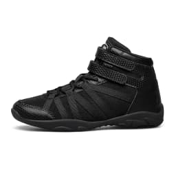 BAXINIER Black High Top Cheer Shoes for Youth Girls Boys Cheerleading Sneakers Ankle Support Breathable Mesh Hook Loop Closure Soft Insole Anti-Slip Rubber Outsole Athletic Training Dance