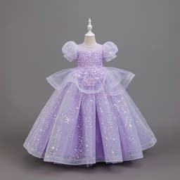 New High-End Luxury Flower Girl Wedding Show Performance Dress for Girls, Puff Sleeve Sequin Princess Dress