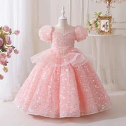 New High-End Luxury Flower Girl Wedding Show Performance Dress for Girls, Puff Sleeve Sequin Princess Dress