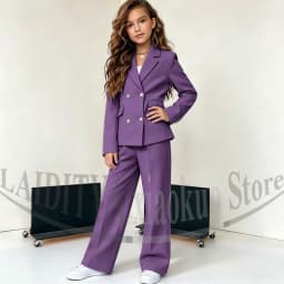 Girls Double Breasted Suit Blazer Wide Leg Pants Elegant Formal Outfit Birthday Wedding Party Kids Fashion Clothes Set 2 Piece