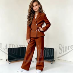 Girls Double Breasted Suit Blazer Wide Leg Pants Elegant Formal Outfit Birthday Wedding Party Kids Fashion Clothes Set 2 Piece