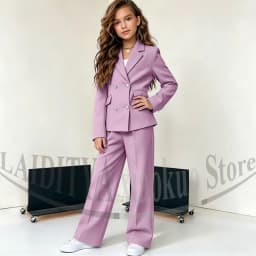 Girls Double Breasted Suit Blazer Wide Leg Pants Elegant Formal Outfit Birthday Wedding Party Kids Fashion Clothes Set 2 Piece
