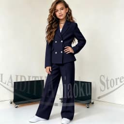 Girls Double Breasted Suit Blazer Wide Leg Pants Elegant Formal Outfit Birthday Wedding Party Kids Fashion Clothes Set 2 Piece