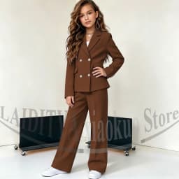 Girls Double Breasted Suit Blazer Wide Leg Pants Elegant Formal Outfit Birthday Wedding Party Kids Fashion Clothes Set 2 Piece