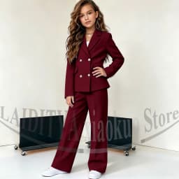 Girls Double Breasted Suit Blazer Wide Leg Pants Elegant Formal Outfit Birthday Wedding Party Kids Fashion Clothes Set 2 Piece