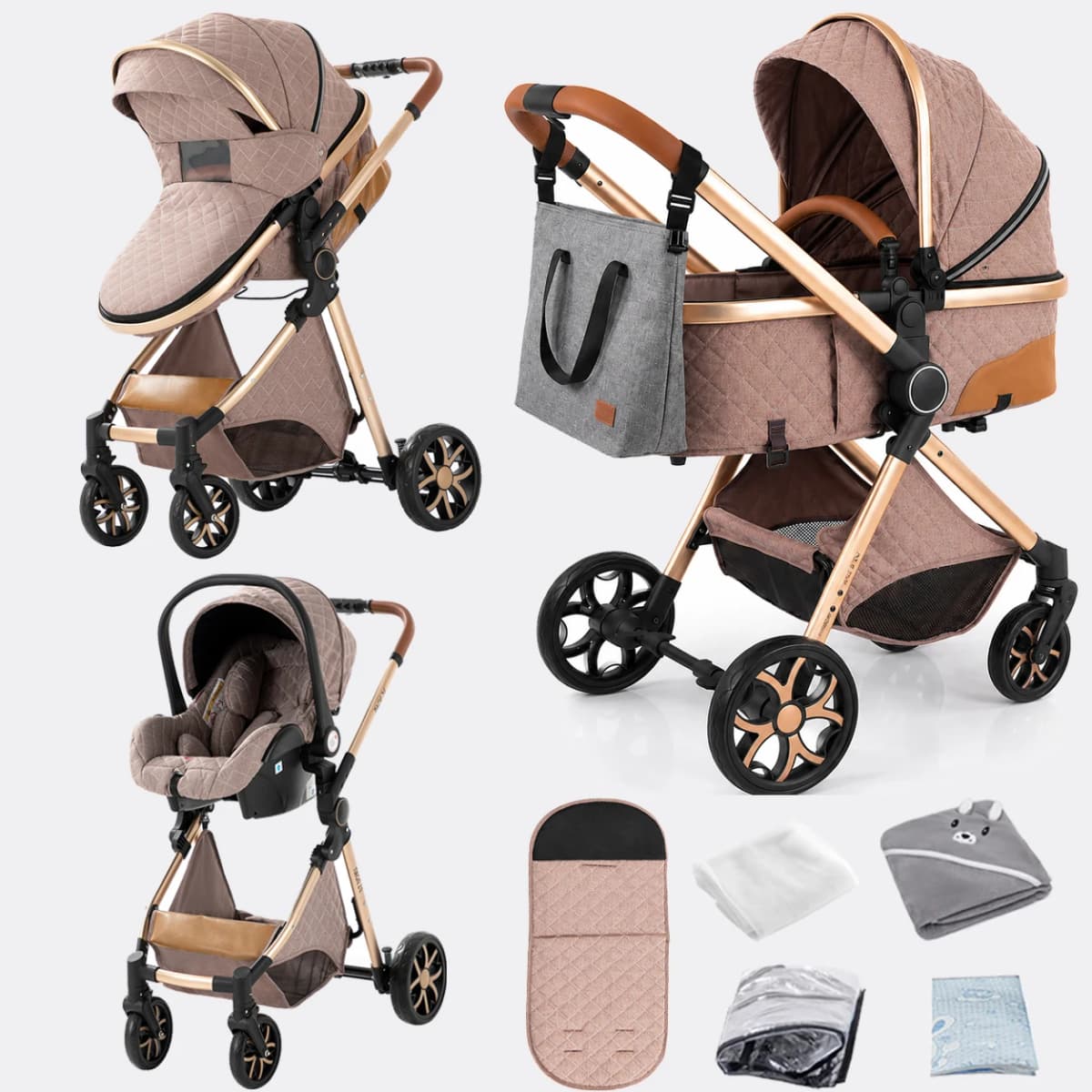 3-in-1 Baby Stroller with Car Seat Included Travel System Pram Combination Lightweight Frame Foldable Reversible Seat Shock-Absorbing Wheels High-Position Seat Sunshade Canopy Baby Storage Basket