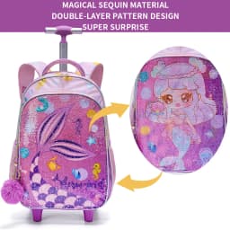 3PCS Kids Travel Bag, Luggage Bag, Bookbag with Wheels, with Lunch Box And Pen Bag, Pink Mermaid Pattern