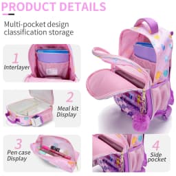 3PCS Kids Travel Bag, Luggage Bag, Bookbag with Wheels, with Lunch Box And Pen Bag, Pink Mermaid Pattern