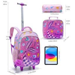 3PCS Kids Travel Bag, Luggage Bag, Bookbag with Wheels, with Lunch Box And Pen Bag, Pink Mermaid Pattern