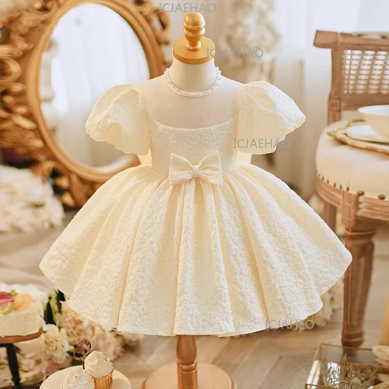 2026 Children Girls Champagne Bow PrincessBirthday Party Gown First Baby Satin Tutu Dress Gown Performance Elegant Kids