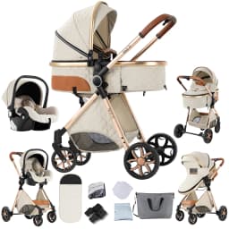 Car Seat Included 3-in-1 Baby Stroller Pram Travel System with Car Seat Lightweight Aluminum Frame Foldable High Position Reversible Seat Suspension Wheels Uv Protection Canopy Large Capacity Basket for Newborn