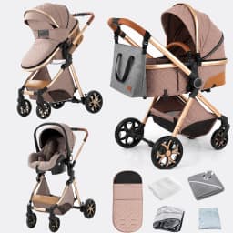 Car Seat Included 3-in-1 Baby Stroller Pram Travel System with Car Seat Lightweight Aluminum Frame Foldable High Position Reversible Seat Suspension Wheels Uv Protection Canopy Large Capacity Basket for Newborn