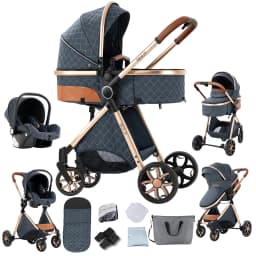 Car Seat Included 3-in-1 Baby Stroller Pram Travel System with Car Seat Lightweight Aluminum Frame Foldable High Position Reversible Seat Suspension Wheels Uv Protection Canopy Large Capacity Basket for Newborn