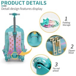 3PCS Rolling Backpack For Girls, Kids Wheeled School BookBag With Lunch Box And Pen Bag, Gold Tower Pattern, Nighttime Reflective