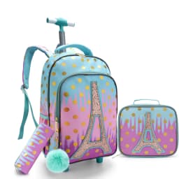 3PCS Rolling Backpack For Girls, Kids Wheeled School BookBag With Lunch Box And Pen Bag, Gold Tower Pattern, Nighttime Reflective