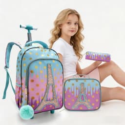 3PCS Rolling Backpack For Girls, Kids Wheeled School BookBag With Lunch Box And Pen Bag, Gold Tower Pattern, Nighttime Reflective