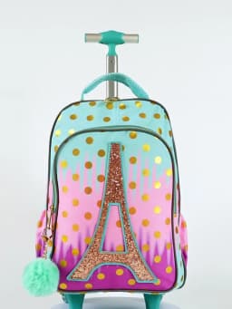 3PCS Rolling Backpack For Girls, Kids Wheeled School BookBag With Lunch Box And Pen Bag, Gold Tower Pattern, Nighttime Reflective