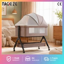 Newborn Baby Bassinet Portable Co-Sleeper Crib Dual-Purpose Mosquito Net Light Blocking Canopy Gentle Rocking Bassinet Waterproof Spine Protection Mattress 3-Level Height Adjustable Bedside Bed with Bottom Basket Wheels