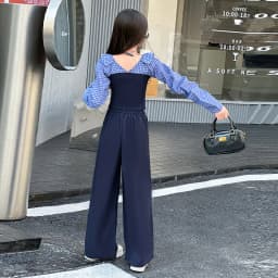 French design teen girls clothes set Off Shoulder splicing grid tops+wide leg pants 2pcs junior kids fashion suit child outfits