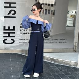 French design teen girls clothes set Off Shoulder splicing grid tops+wide leg pants 2pcs junior kids fashion suit child outfits