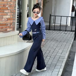 French design teen girls clothes set Off Shoulder splicing grid tops+wide leg pants 2pcs junior kids fashion suit child outfits