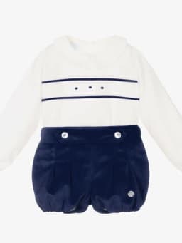 Baby Boys Ivory & Blue Velvet Shorts Set Infant Birthday Suit Kids Spanish Cotton Outfits Toddler Wedding Party Wear