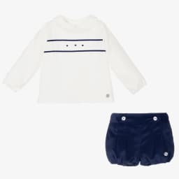 Baby Boys Ivory & Blue Velvet Shorts Set Infant Birthday Suit Kids Spanish Cotton Outfits Toddler Wedding Party Wear