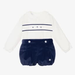 Baby Boys Ivory & Blue Velvet Shorts Set Infant Birthday Suit Kids Spanish Cotton Outfits Toddler Wedding Party Wear