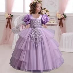New Girls' Clothing Long Wedding Bridesmaid Dress Suitable for Children Elegant Girls Bubble Sleeves Christmas Performance Dress